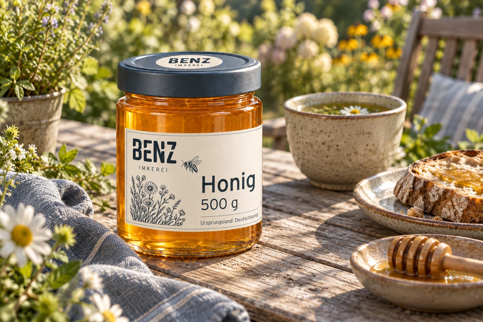 BENZ-Honig auf einem Holztisch im blühenden Garten im warmen Nachmittagslicht